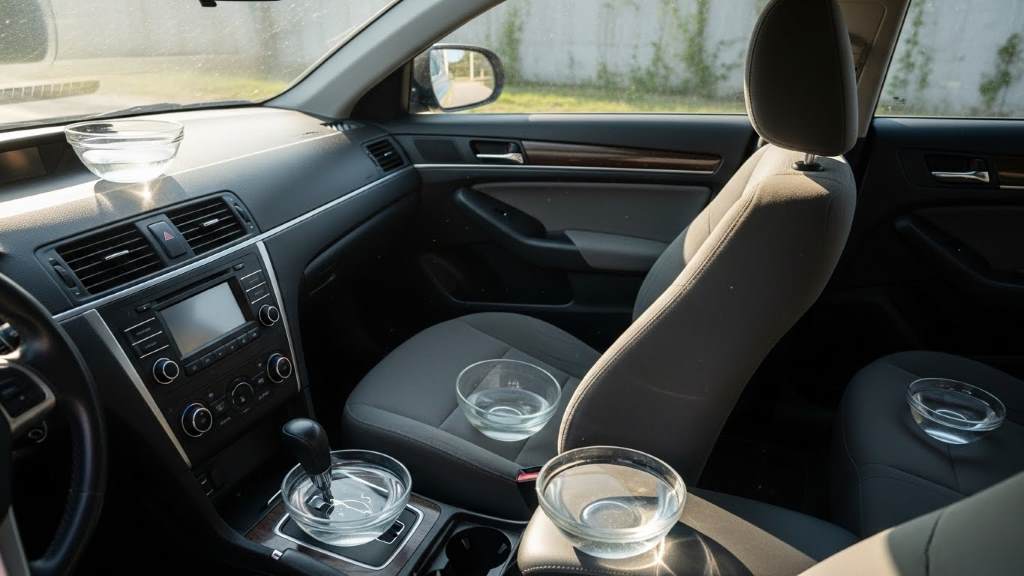 Bowls of white vinegar placed inside a car for natural deodorizing