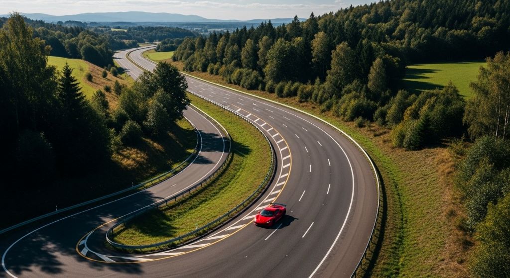 Aerial view of car following the optimal racing line through a long sweeping highway curve