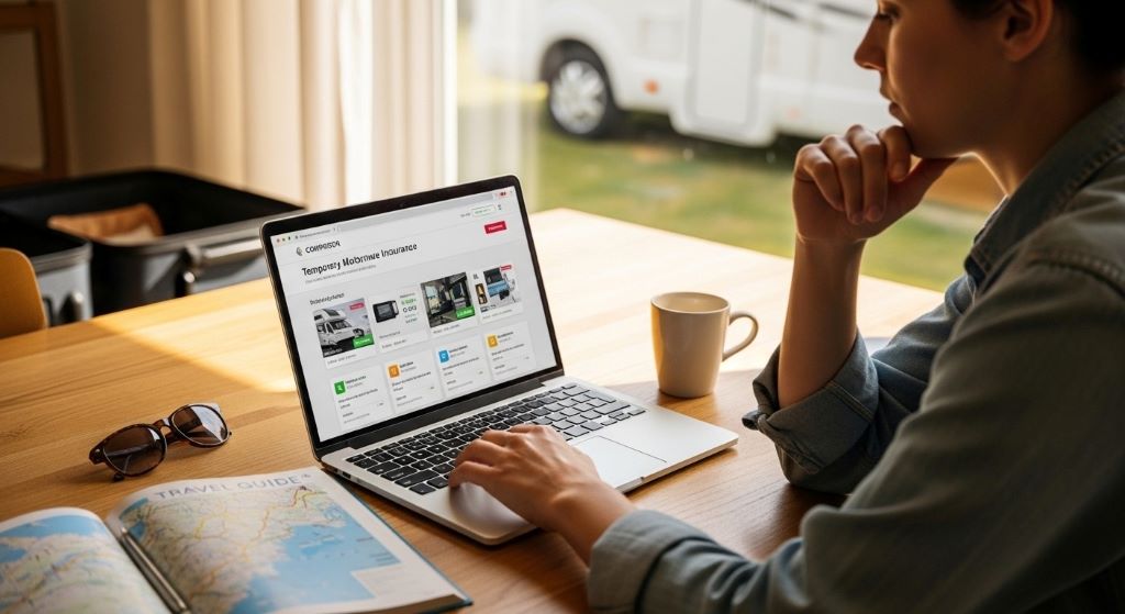 Person comparing temporary motorhome insurance quotes on a laptop before a road trip