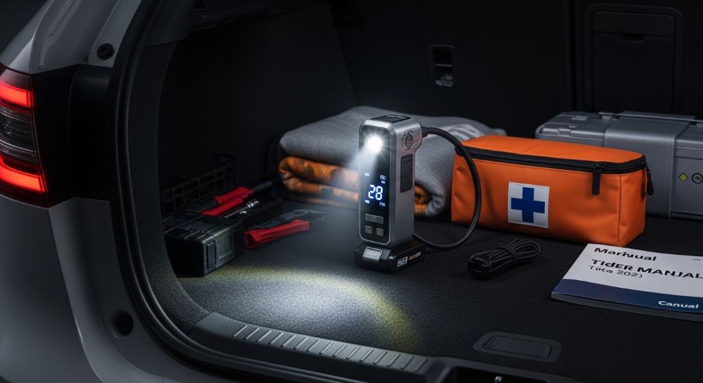 Compact cordless tire inflator stored in car trunk next to emergency kit with LED light illuminated for nighttime visibility