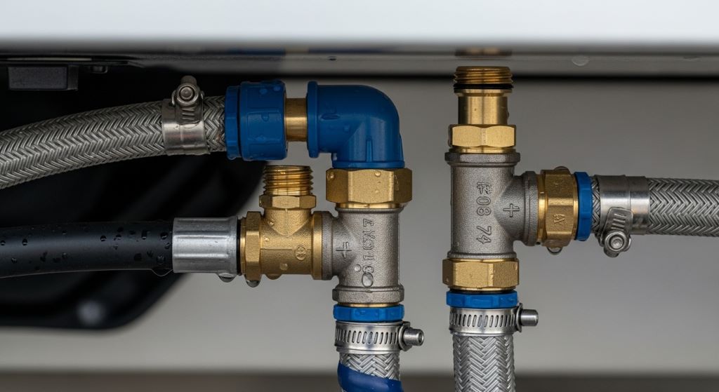 Close-up of water pump hose barb fittings and tee connectors installed on a motorhome fresh water line