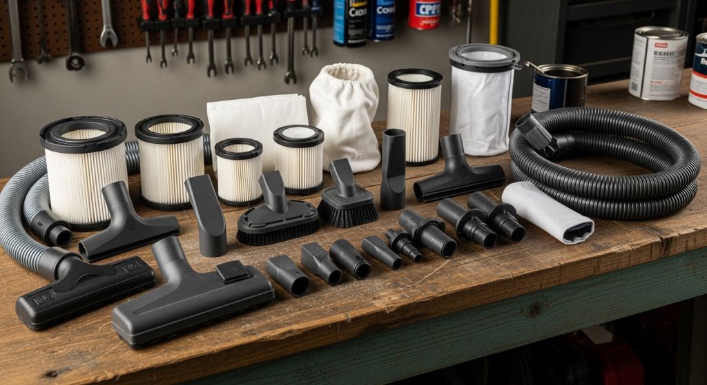 Affordable wet dry vacuum and dust extractor accessories laid out on a garage workbench ready for use