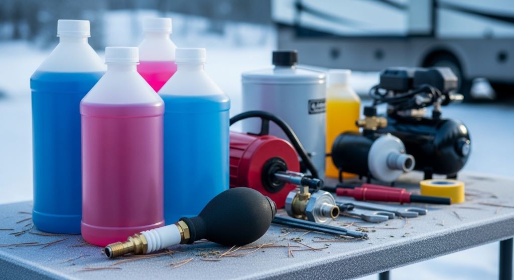 Motorhome winterizing kit with RV antifreeze bottles and blowout plug on a table