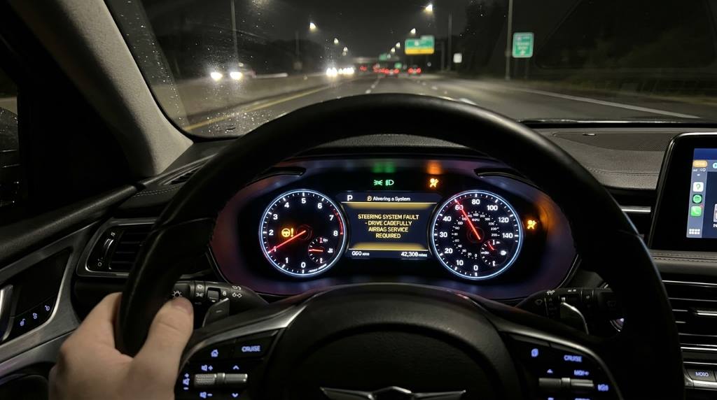 Dashboard warning lights indicating steering and airbag issues in a modern car