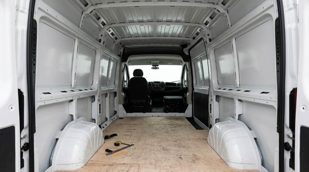 Finished camper van kitchen and sleeping area