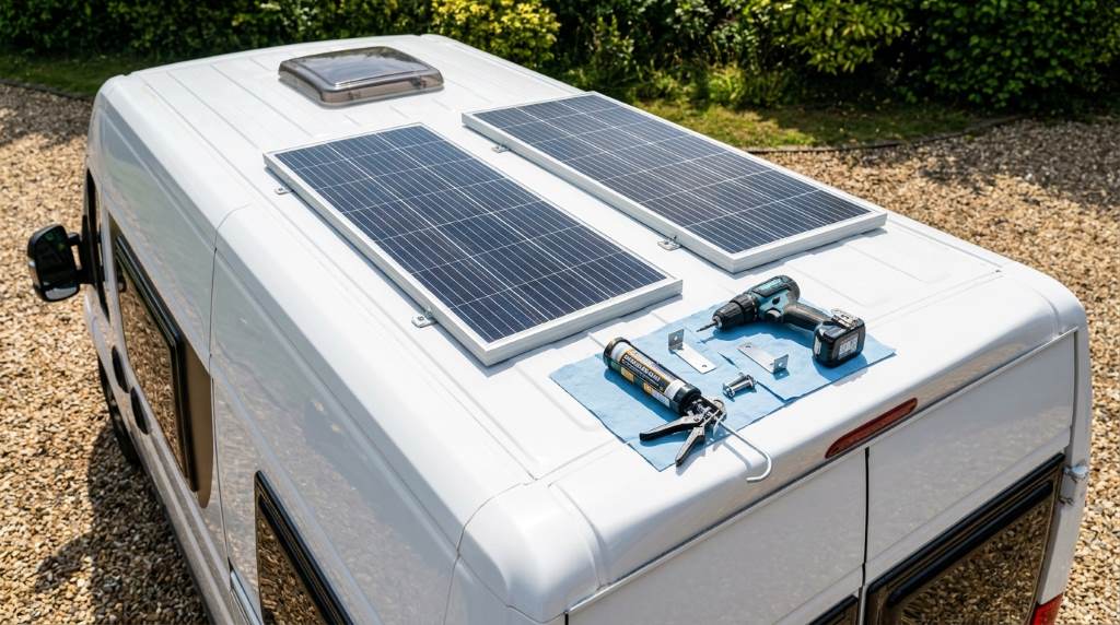 Off grid campervan with rooftop solar panels at campsite