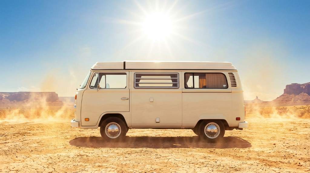 Phoenix camper van parked under intense summer sunlight